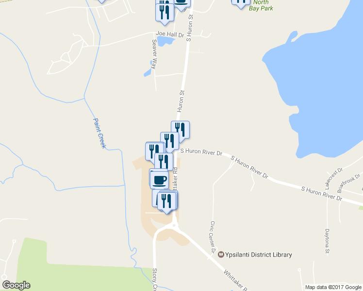 map of restaurants, bars, coffee shops, grocery stores, and more near 1845 Whittaker Road in Ypsilanti