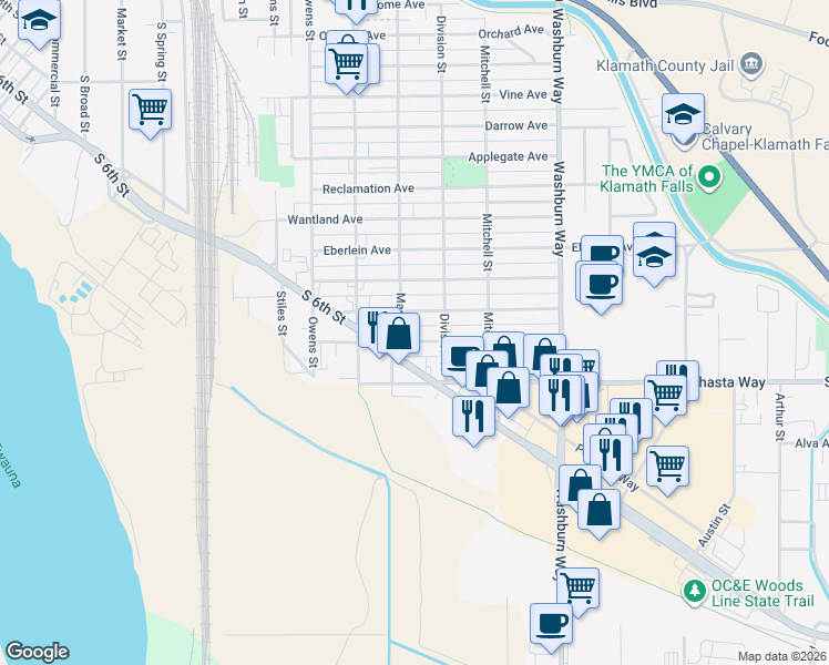 map of restaurants, bars, coffee shops, grocery stores, and more near 2235 Radcliffe Avenue in Klamath Falls