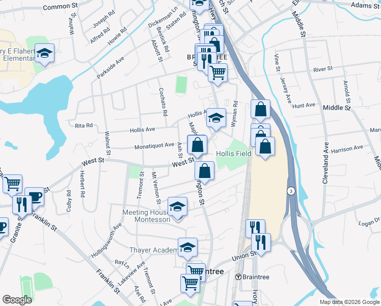 map of restaurants, bars, coffee shops, grocery stores, and more near 20 Monatiquot Avenue in Braintree