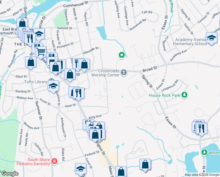 map of restaurants, bars, coffee shops, grocery stores, and more near 155 King Avenue in Weymouth