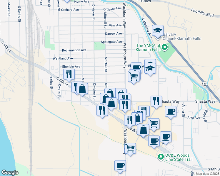 map of restaurants, bars, coffee shops, grocery stores, and more near 2421 Radcliffe Avenue in Klamath Falls