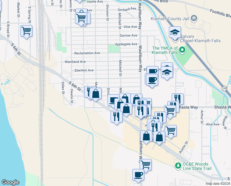 map of restaurants, bars, coffee shops, grocery stores, and more near 2331 Radcliffe Avenue in Klamath Falls