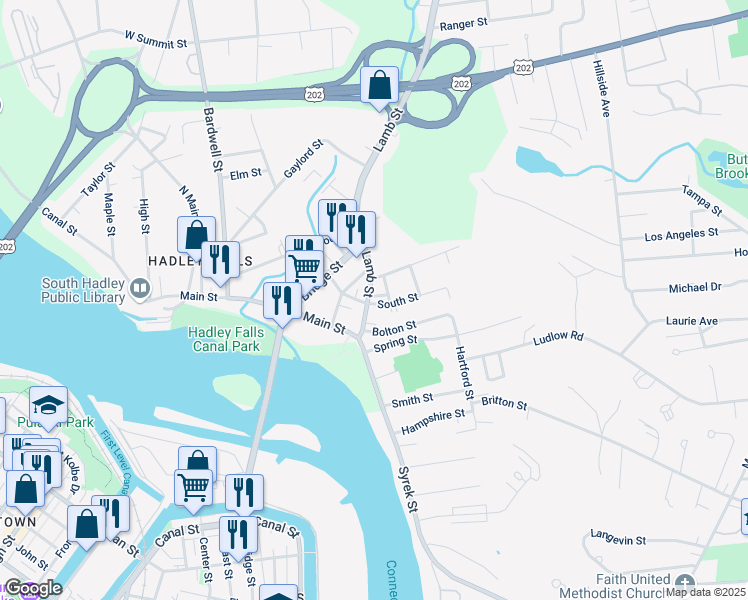 map of restaurants, bars, coffee shops, grocery stores, and more near 3 North Street in South Hadley