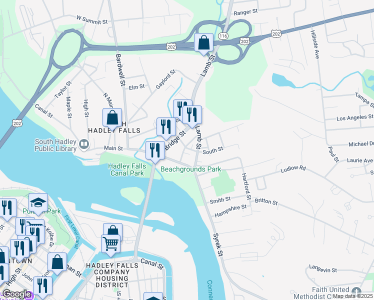 map of restaurants, bars, coffee shops, grocery stores, and more near 18 Pleasant Street in South Hadley