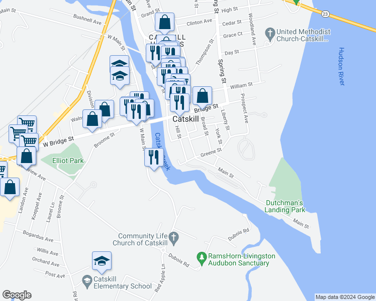 map of restaurants, bars, coffee shops, grocery stores, and more near 285 Main Street in Catskill