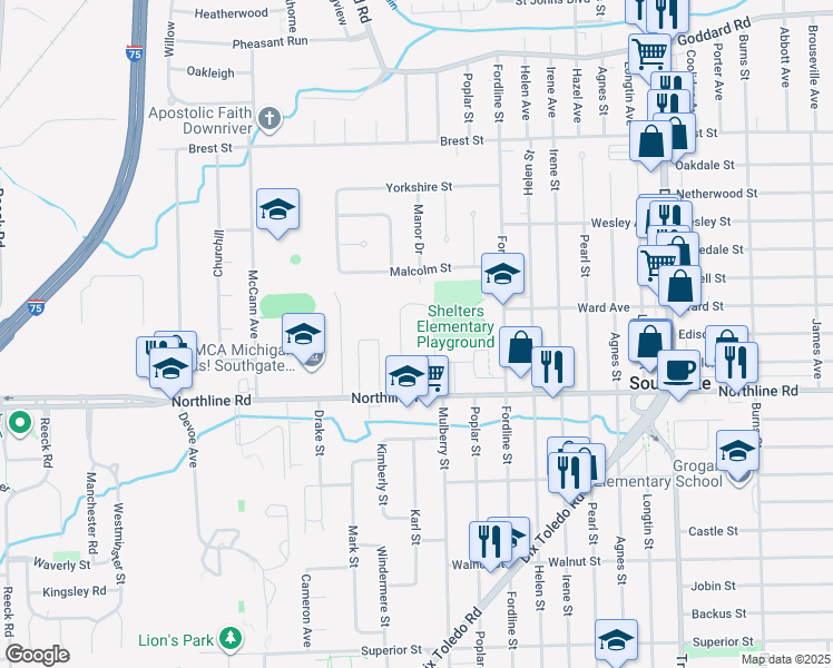 map of restaurants, bars, coffee shops, grocery stores, and more near 12661 Ronda Drive in Southgate