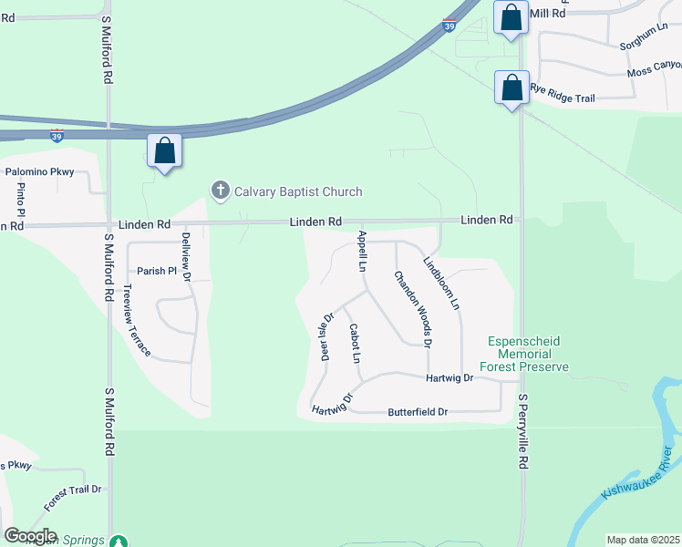 map of restaurants, bars, coffee shops, grocery stores, and more near 6619 Lindbloom Lane in Cherry Valley