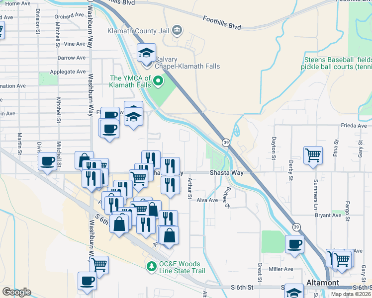 map of restaurants, bars, coffee shops, grocery stores, and more near 1400 Arthur Street in Klamath Falls