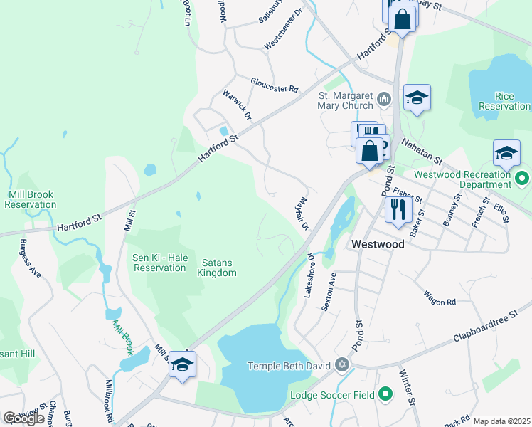 map of restaurants, bars, coffee shops, grocery stores, and more near 4100 Highland Glen Road in Westwood