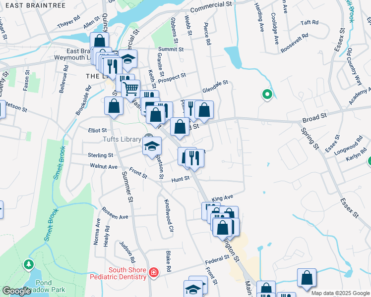 map of restaurants, bars, coffee shops, grocery stores, and more near 109 Broad Street in Weymouth