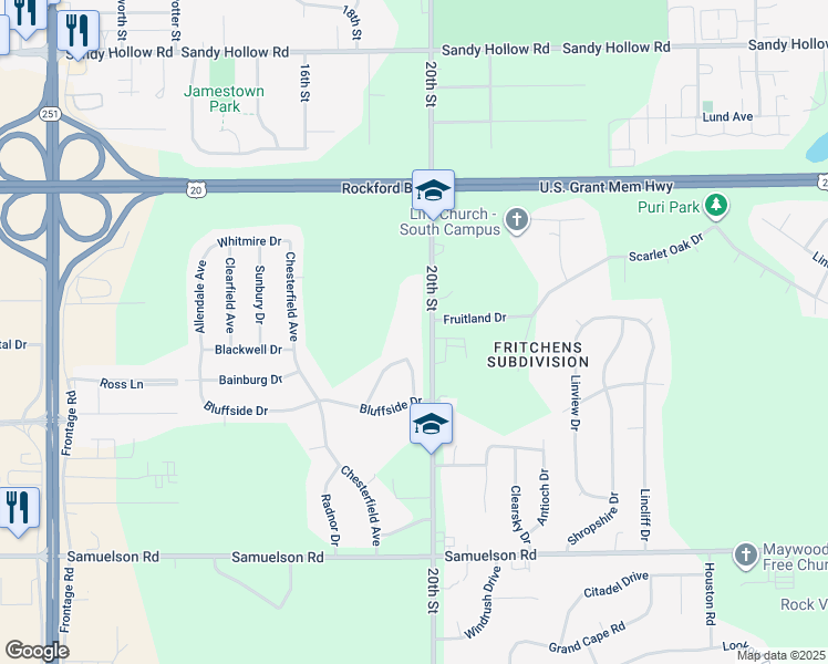 map of restaurants, bars, coffee shops, grocery stores, and more near 4555 20th Street in Rockford