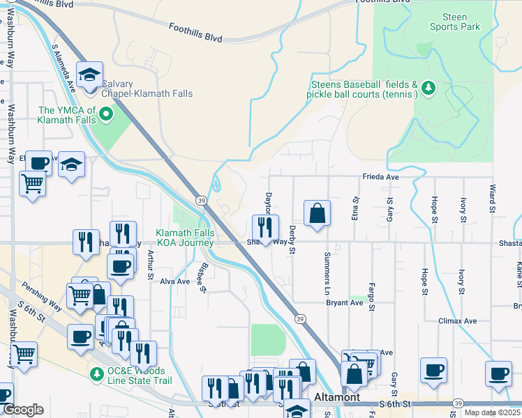 map of restaurants, bars, coffee shops, grocery stores, and more near 1480 Dayton Street in Klamath Falls