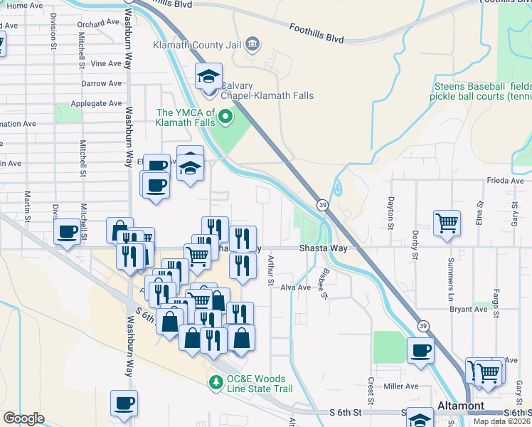 map of restaurants, bars, coffee shops, grocery stores, and more near 1400 Arthur Street in Klamath Falls