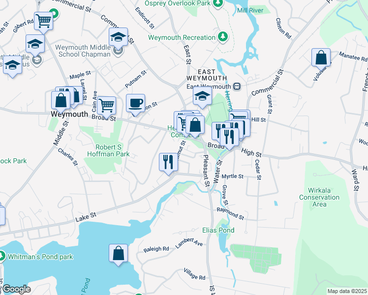 map of restaurants, bars, coffee shops, grocery stores, and more near 747 Broad Street in Weymouth
