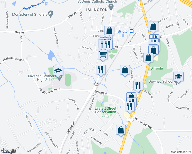 map of restaurants, bars, coffee shops, grocery stores, and more near 1 Park Circle in Westwood