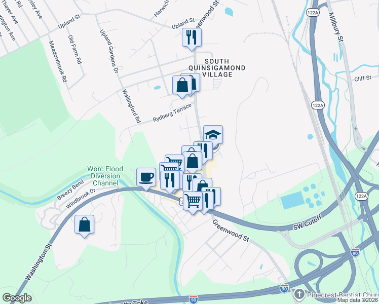 map of restaurants, bars, coffee shops, grocery stores, and more near 40 Melbourne Road in Worcester