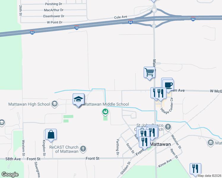 map of restaurants, bars, coffee shops, grocery stores, and more near 24332-24354 West McGillen Avenue in Mattawan