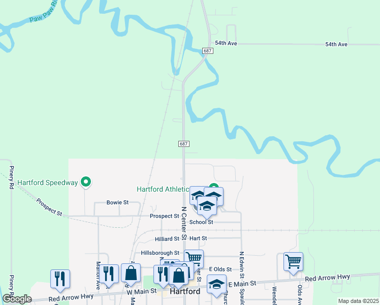 map of restaurants, bars, coffee shops, grocery stores, and more near 55919 County Road 687 in Hartford