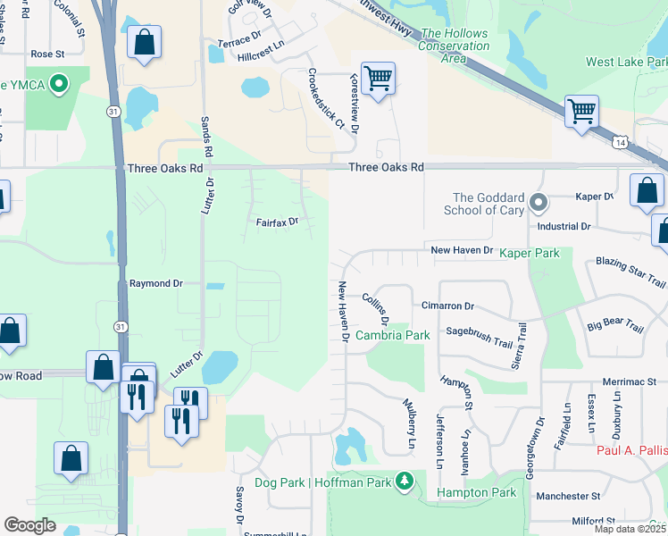 map of restaurants, bars, coffee shops, grocery stores, and more near 542 New Haven Drive in Cary