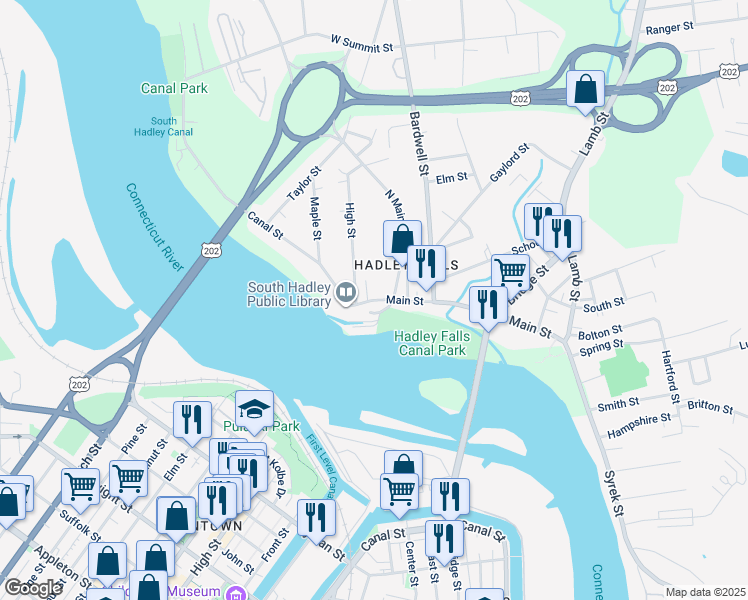 map of restaurants, bars, coffee shops, grocery stores, and more near 52 Main Street in South Hadley