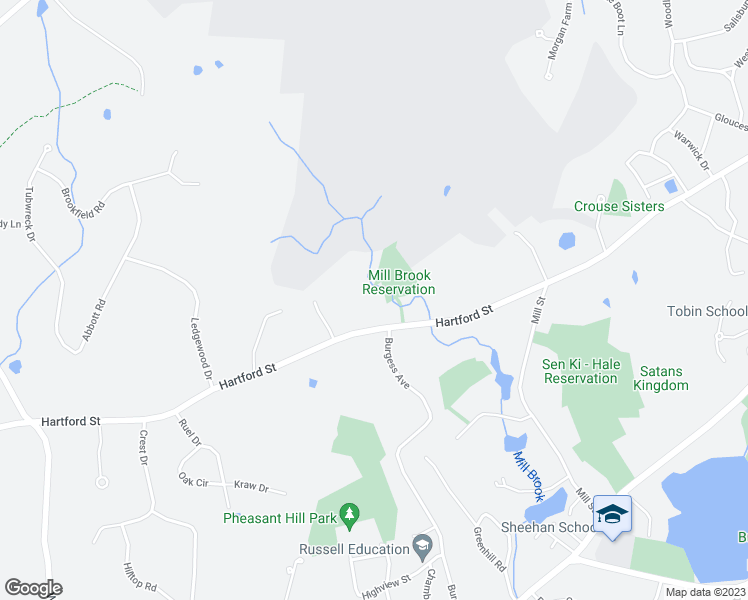 map of restaurants, bars, coffee shops, grocery stores, and more near 605 Hartford Street in Westwood