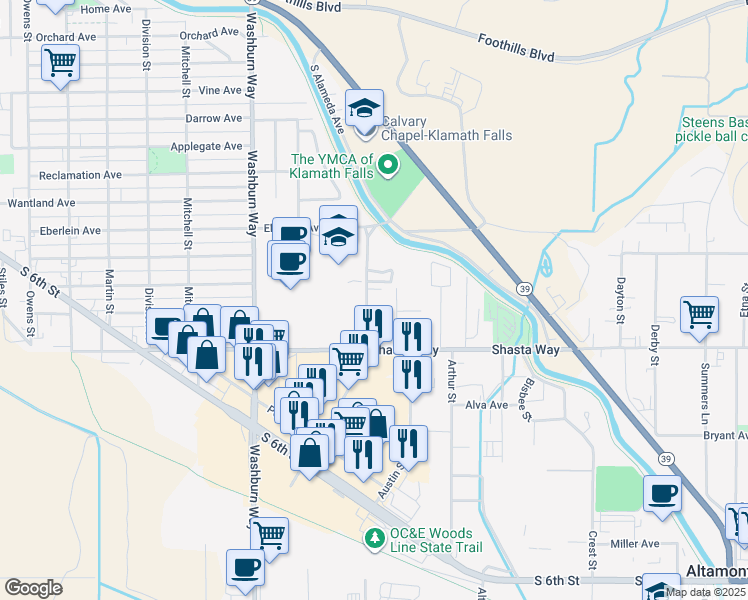 map of restaurants, bars, coffee shops, grocery stores, and more near 1521 Avalon Street in Klamath Falls