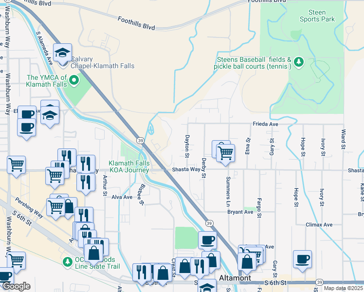 map of restaurants, bars, coffee shops, grocery stores, and more near 1480 Dayton Street in Klamath Falls