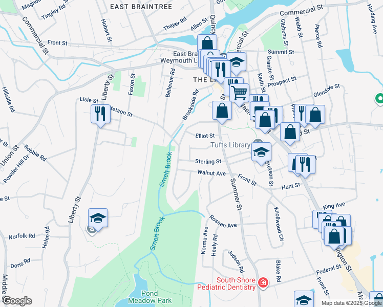 map of restaurants, bars, coffee shops, grocery stores, and more near 11 Sterling Park in Braintree