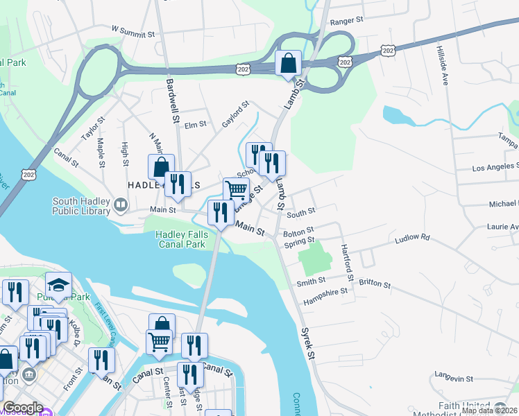 map of restaurants, bars, coffee shops, grocery stores, and more near 11 Grant Street in South Hadley