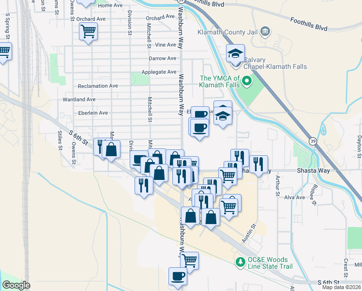 map of restaurants, bars, coffee shops, grocery stores, and more near 2529 Radcliffe Avenue in Klamath Falls