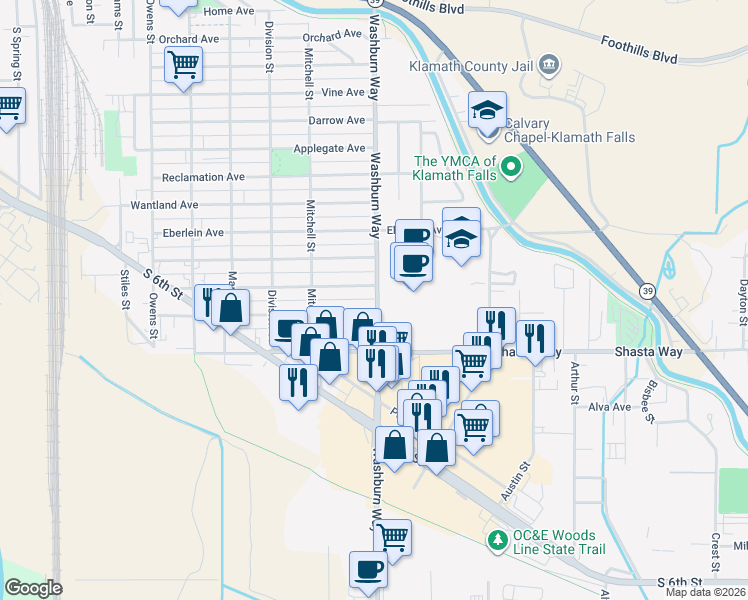 map of restaurants, bars, coffee shops, grocery stores, and more near 2529 Radcliffe Avenue in Klamath Falls