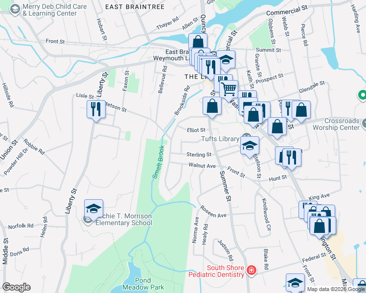 map of restaurants, bars, coffee shops, grocery stores, and more near 28 Sterling Park in Braintree