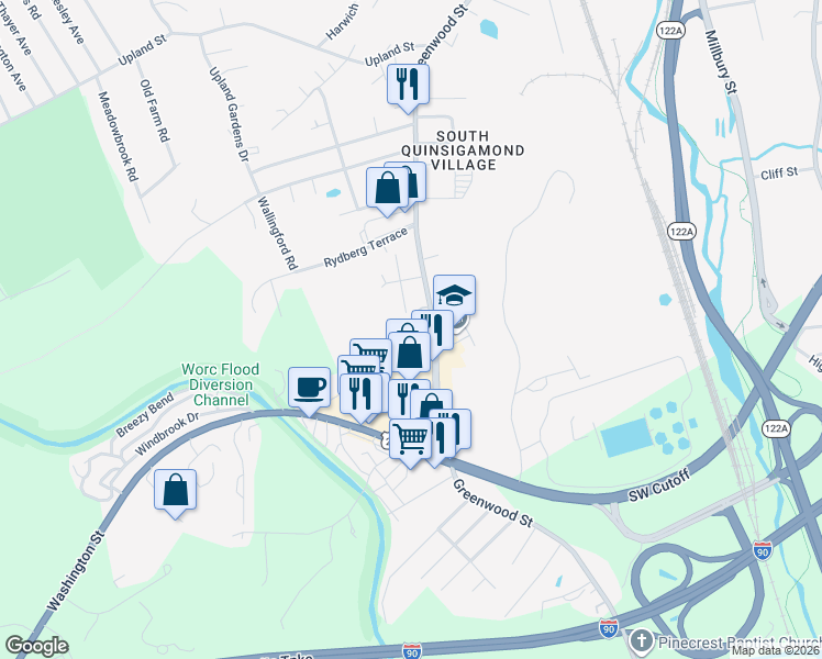 map of restaurants, bars, coffee shops, grocery stores, and more near 40 Melbourne Road in Worcester