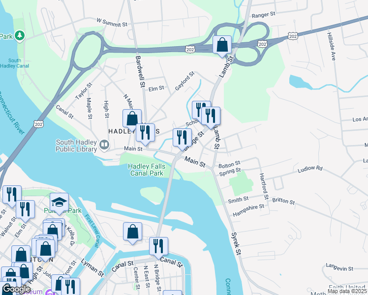 map of restaurants, bars, coffee shops, grocery stores, and more near 42 Bridge Street in South Hadley