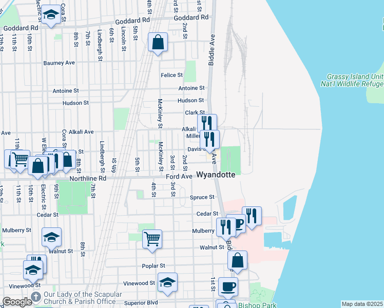 map of restaurants, bars, coffee shops, grocery stores, and more near 198 Davis Street in Wyandotte