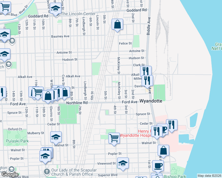 map of restaurants, bars, coffee shops, grocery stores, and more near 1762 4th Street in Wyandotte