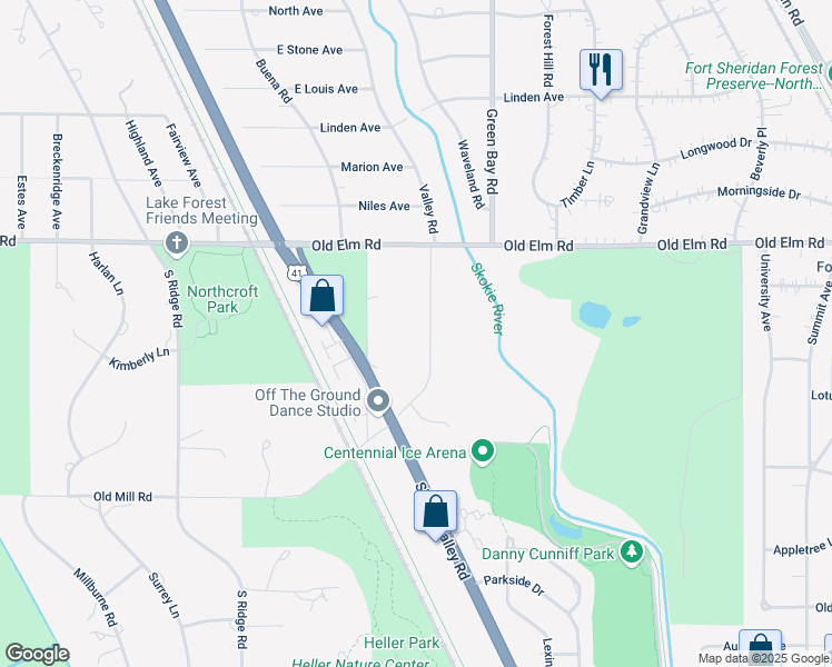 map of restaurants, bars, coffee shops, grocery stores, and more near 3480 Old Mill Road North in Highland Park