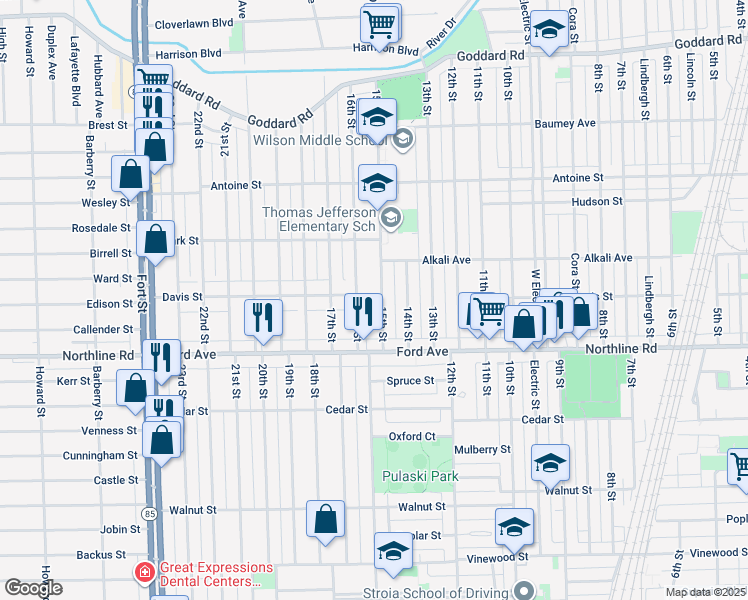 map of restaurants, bars, coffee shops, grocery stores, and more near 1804 15th Street in Wyandotte