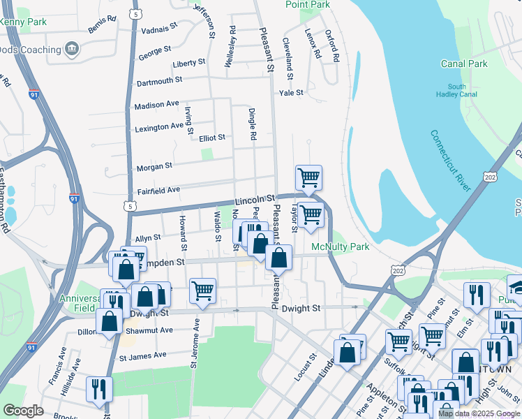 map of restaurants, bars, coffee shops, grocery stores, and more near 53 Lincoln Street in Holyoke