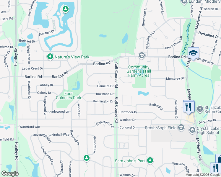 map of restaurants, bars, coffee shops, grocery stores, and more near 987 Camelot Drive in Crystal Lake