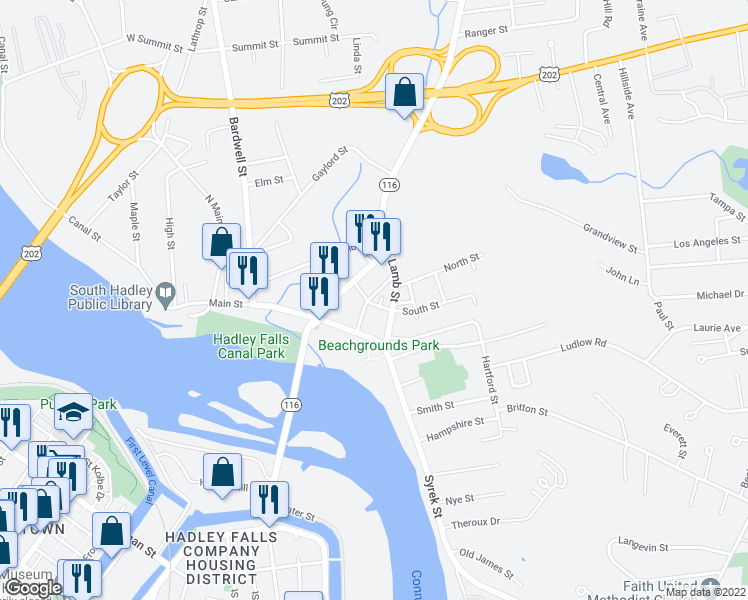 map of restaurants, bars, coffee shops, grocery stores, and more near 12 Grant Street in South Hadley
