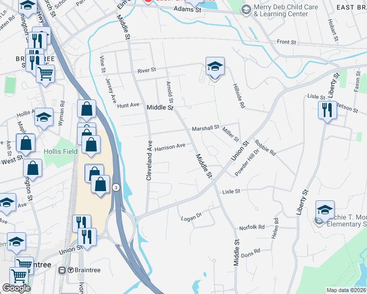 map of restaurants, bars, coffee shops, grocery stores, and more near 61 Harrison Avenue in Braintree