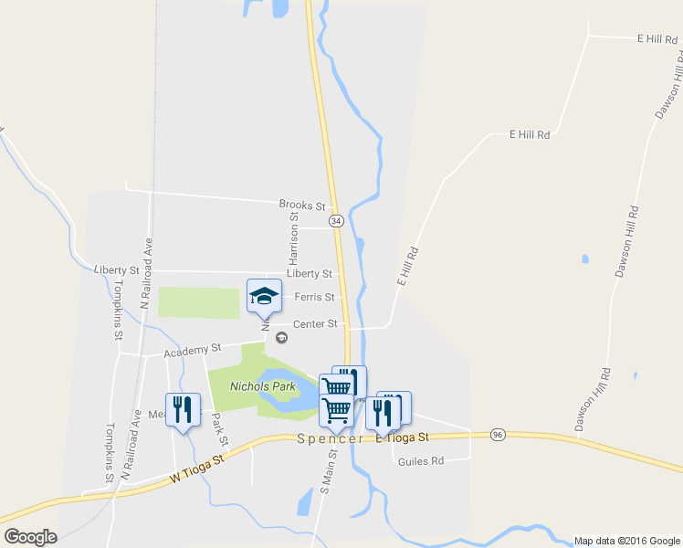 map of restaurants, bars, coffee shops, grocery stores, and more near North Main Street & Liberty Street in Spencer