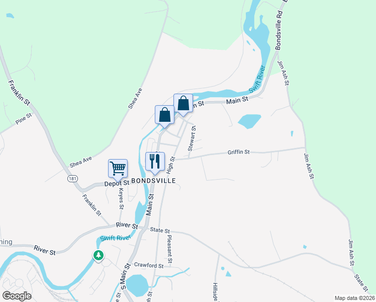 map of restaurants, bars, coffee shops, grocery stores, and more near 18-24 Stewart Street in Palmer