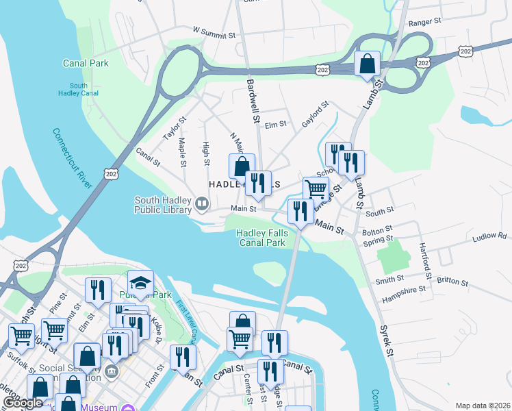 map of restaurants, bars, coffee shops, grocery stores, and more near 16 Main Street in South Hadley