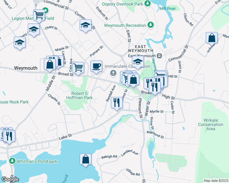 map of restaurants, bars, coffee shops, grocery stores, and more near 11 Randall Avenue in Weymouth