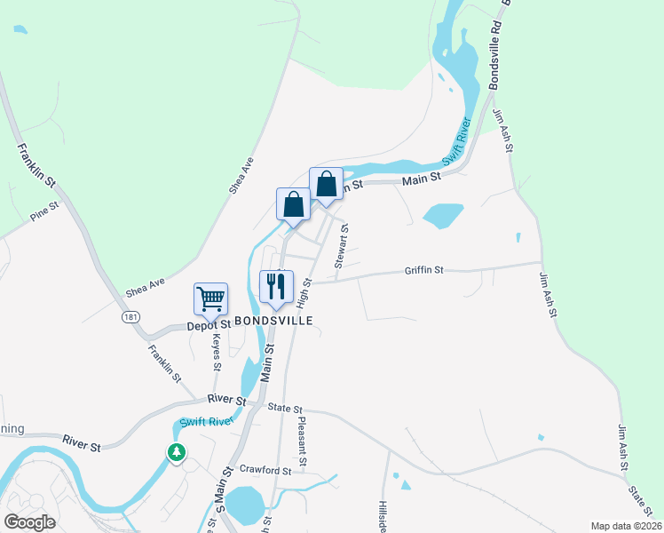 map of restaurants, bars, coffee shops, grocery stores, and more near 18-24 Stewart Street in Palmer