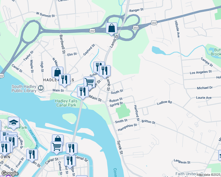 map of restaurants, bars, coffee shops, grocery stores, and more near 3 North Street in South Hadley