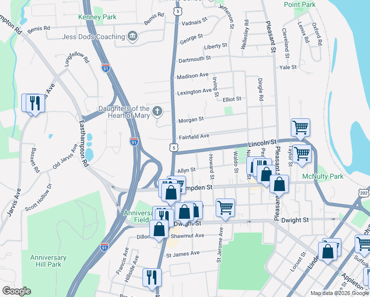 map of restaurants, bars, coffee shops, grocery stores, and more near 71 Fairfield Avenue in Holyoke