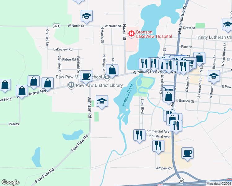 map of restaurants, bars, coffee shops, grocery stores, and more near 205 Miller Court South in Paw Paw